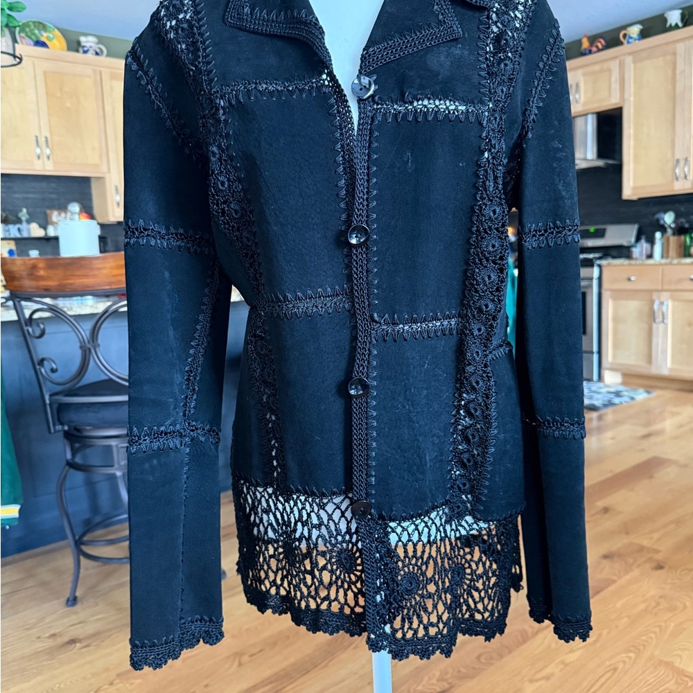 Chic Black Women's Blazer with leather and crochet patchwork